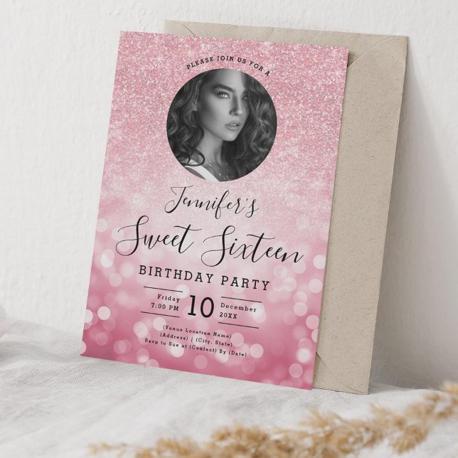 Invitación Rosa de FOTO Purpurina de oro Bokeh Sweet 16 (PHOTO Rose Gold Glitter Bokeh Sweet 16 Invitation)