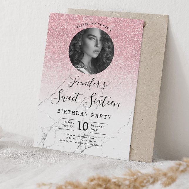 Invitación Rosa de FOTO Purpurina de oro Marble Sweet 16 Fies (PHOTO Rose Gold Glitter Marble Sweet 16 Party Invitation)