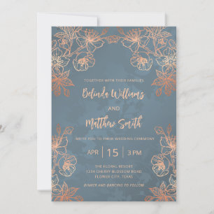 Invitación Rosa de fotografía Boda dorado y azul turbio