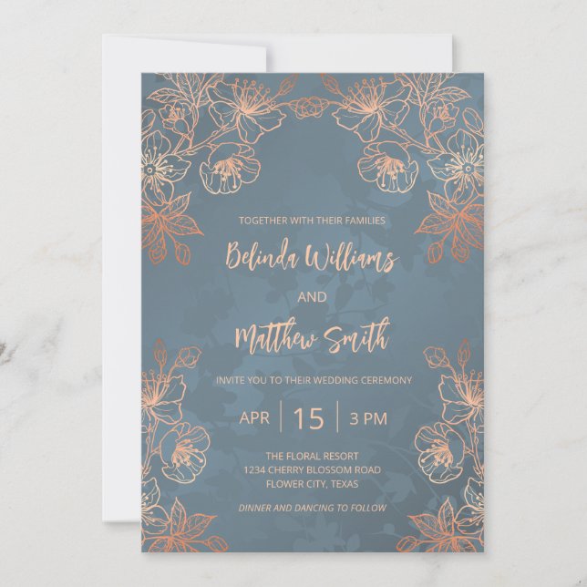 Invitación Rosa de fotografía Boda dorado y azul turbio (Anverso)