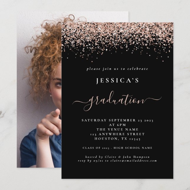 Invitación rosa de fotografía de graduación 2024 Purpurina de (Anverso / Reverso)