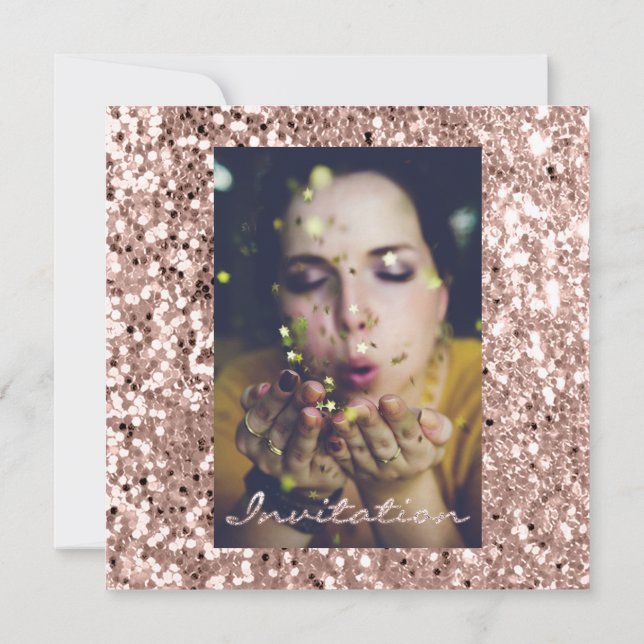 Invitación Rosa de fotografía Glitter de oroDulce de novia16ª (Reverso)