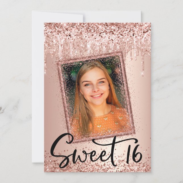 Invitación Rosa de fotografía Purpurina de oro Drip Girly dul (Anverso)