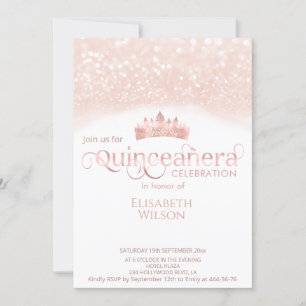 Invitación Rosa de fotografía purpurinoso de oro tiara Quince