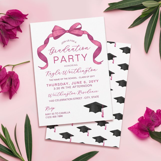 Invitación Rosa de Fuchsia Bow Rosado Sin Graduación De Foto (Subido por el creador)
