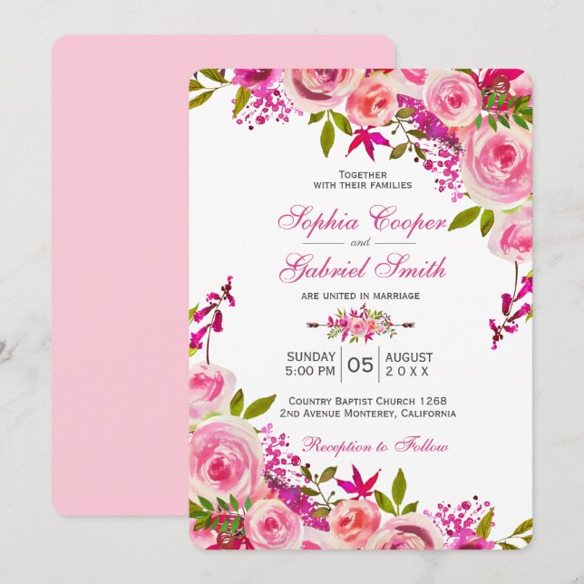 Invitación Rosa de Fuchsia Rosa Boda Floral Botánico (Anverso / Reverso)