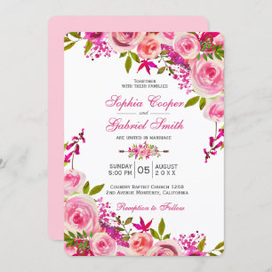 Invitación Rosa de Fuchsia Rosa Boda Floral Botánico