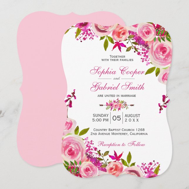 Invitación Rosa de Fuchsia Rosa Boda Floral Botánico (Anverso / Reverso)
