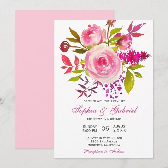 Invitación Rosa de Fuchsia Rosa Boda Floral Botánico (Anverso / Reverso)