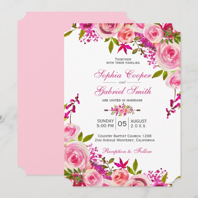 Invitación Rosa de Fuchsia Rosa Boda Floral Botánico (Anverso / Reverso)