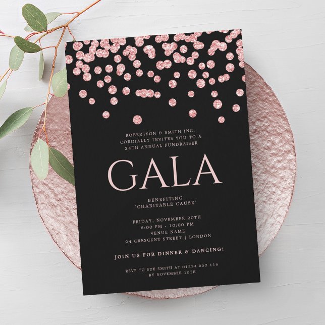 Invitación Rosa de Gala Corporativa Oro Purpurina Negro Confe (Corporate Gala Rose Gold Black Glitter Confetti Invitation)