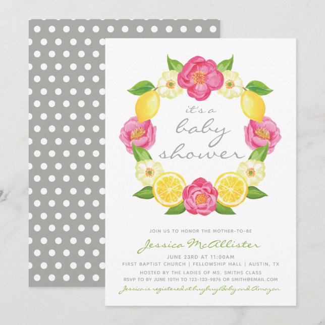 Invitación Rosa de género neutro de cítrico gris moderno Baby (Anverso / Reverso)