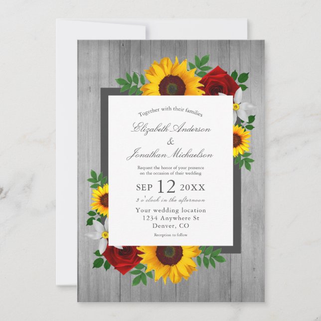 Invitación Rosa de girasol Autumn Floral Wood Boda (Anverso)