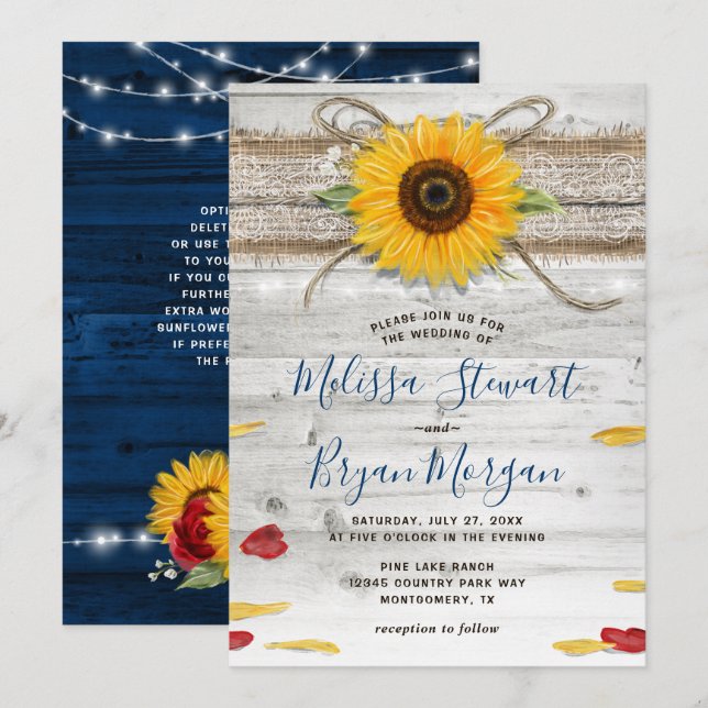 Invitación Rosa de girasol azul de la marina Boda Rústico de  (Anverso / Reverso)