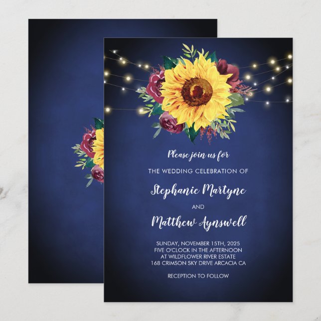 Invitación Rosa de girasol borgoña ilumina a Boda azul de la  (Anverso / Reverso)