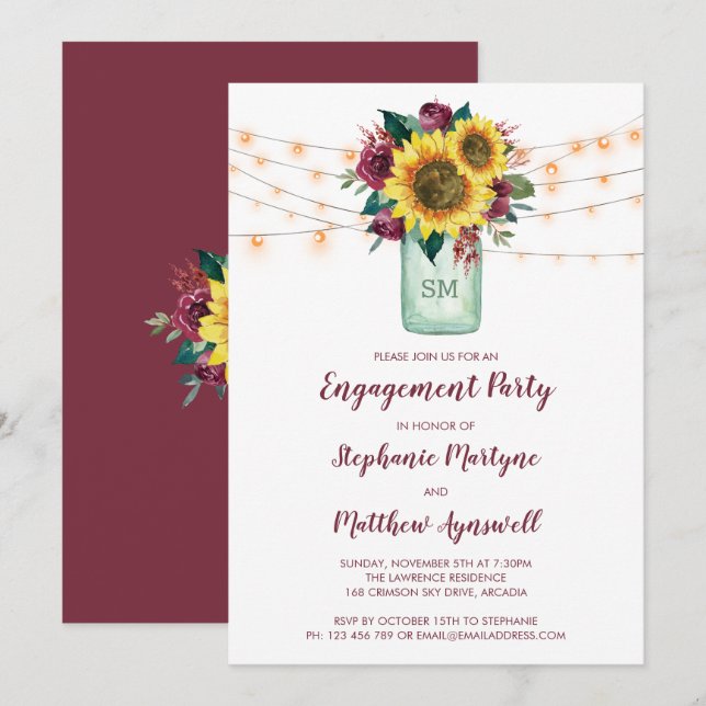 Invitación Rosa de girasol borgoña ilumina el compromiso de J (Anverso / Reverso)