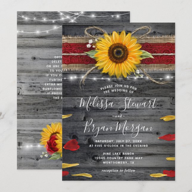 Invitación Rosa de girasol Borgoña Lace Rustic Wood Boda (Anverso / Reverso)