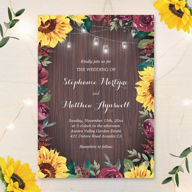 Invitación Rosa de girasol Borgoña Wood Jar Lights Boda (Subido por el creador)