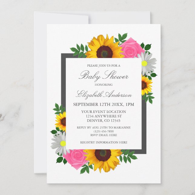 Invitación Rosa de girasol Daisy Floral Baby Shower (Anverso)