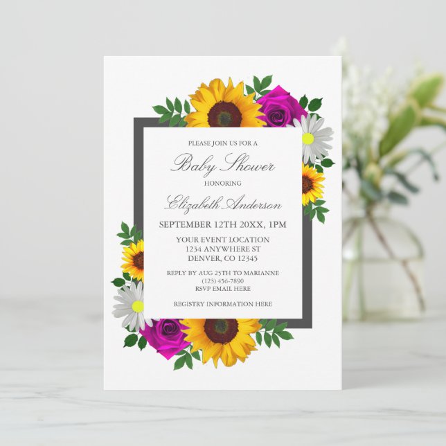 Invitación Rosa de girasol Daisy Floral Baby Shower (Anverso de pie)