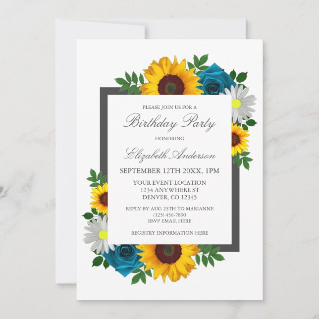 Invitación Rosa de Girasol Floral Cumpleaños Daisy (Anverso)