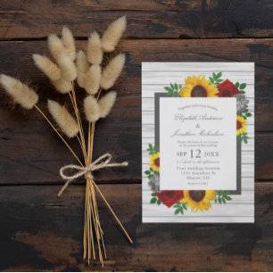 Invitación Rosa de girasol otoño floral madera boda