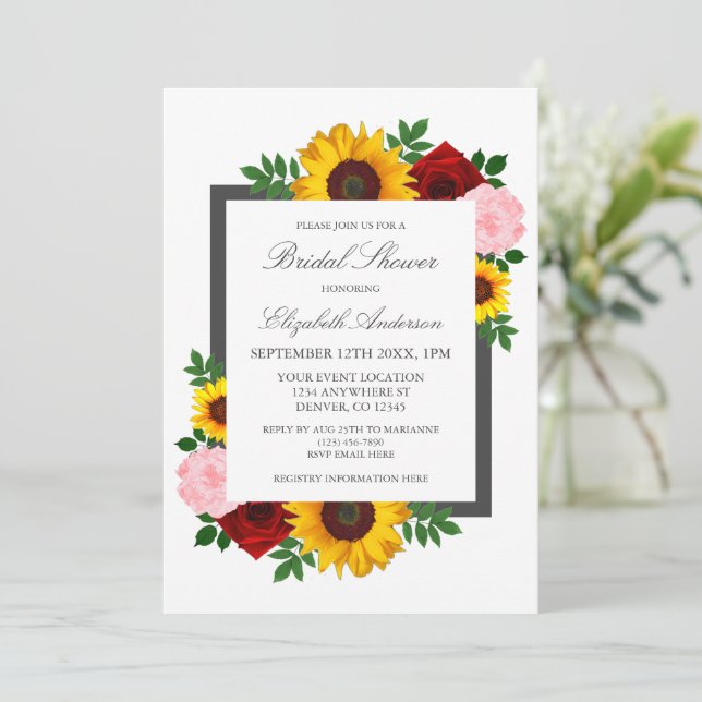 Invitación Rosa de girasol Peonies Ducha nupcial floral otoño (Anverso de pie)