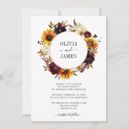 Invitación Rosa de girasol ruso Burgundy Fall Wreath Boda