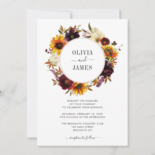Invitación Rosa de girasol ruso Burgundy Fall Wreath Boda (Anverso)