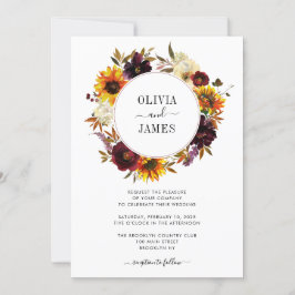 Invitación Rosa de girasol ruso Burgundy Fall Wreath Boda