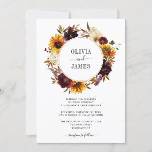 Invitación Rosa de girasol ruso Burgundy Fall Wreath Boda