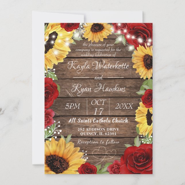 Invitación Rosa de girasol rústico Boda de fondo maderero (Anverso)