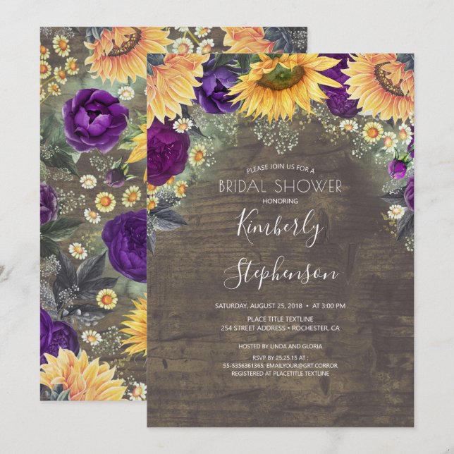 Invitación Rosa de girasol y ducha de novia rusa morada (Anverso / Reverso)