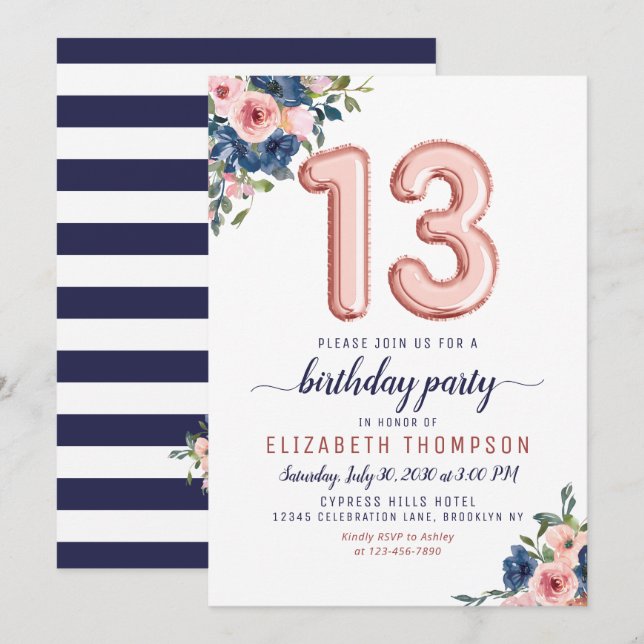 Invitación Rosa de globo de flores de la marina Rubor 13 cump (Anverso / Reverso)