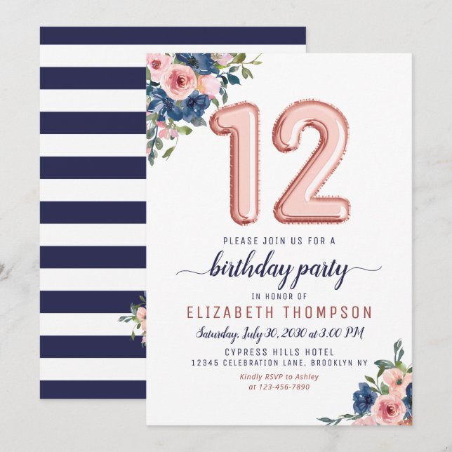 Invitación Rosa de globo floral Oro Rubor 12º cumpleaños (Anverso / Reverso)