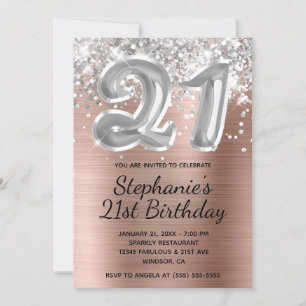 Invitación Rosa de globo Purpurina Plata Oro 21 cumpleaños