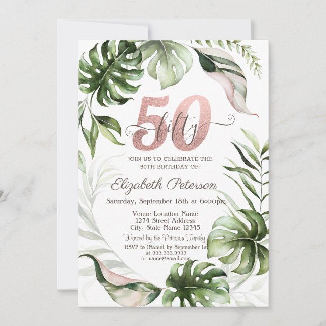 Invitación Rosa de golosinas Purpurinas de oro deja 50 cumple (Anverso)