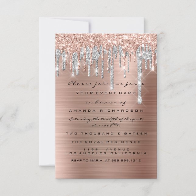 Invitación Rosa de gotas de plata dulce de novia 16º Boda (Anverso)