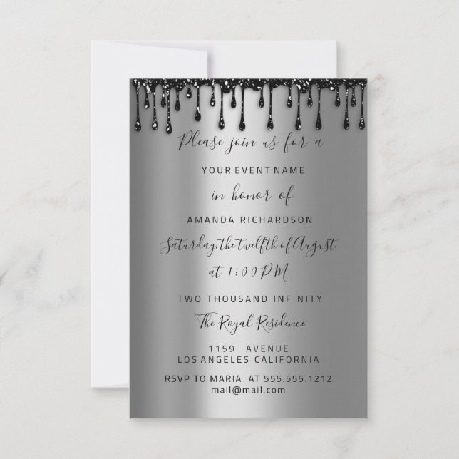 Invitación Rosa de goteo Dulce negro 16ª Bridal Ducha Plata (Anverso)