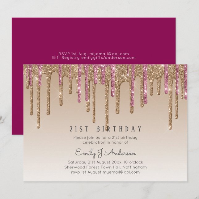 Invitación Rosa de goteo Purpurina de oro 21º CUMPLEAÑOS Rosa (Anverso / Reverso)