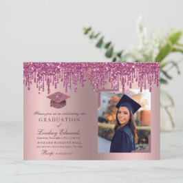 Invitación Rosa de goteo purpurina Foto de graduación rosada