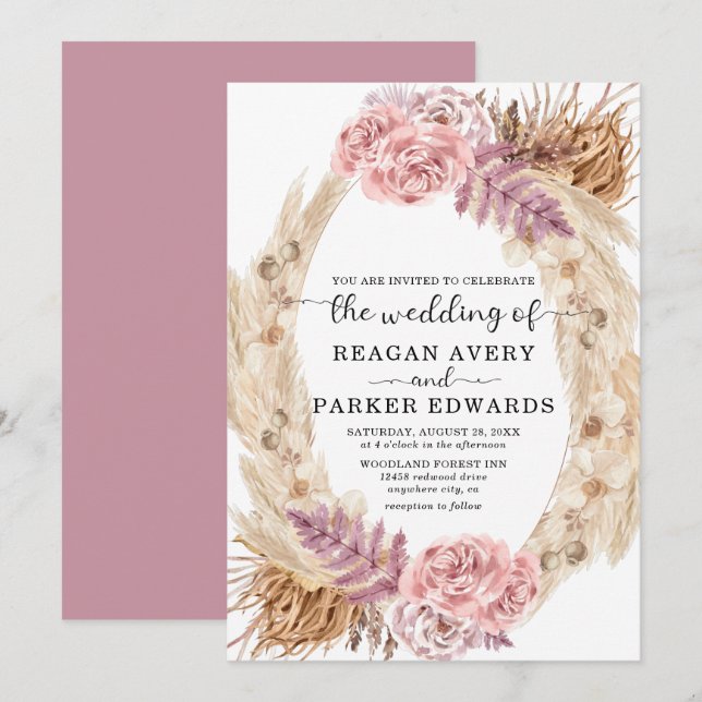 Invitación Rosa de Grass Pampas Secas y Boda Floral Morado (Anverso / Reverso)