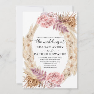 Invitación Rosa De Grass Pampas Seco Boda Floral Púrpura