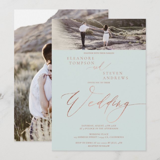 Invitación Rosa de guion verde dorado elegante 2 boda de foto (Anverso / Reverso)