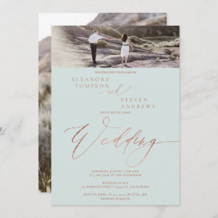 Invitación Rosa de guion verde dorado elegante 2 boda de foto