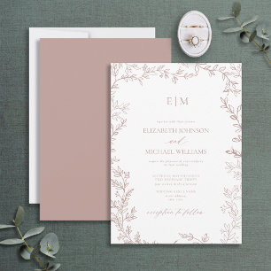 Invitación Rosa de hoja mínima  elegante Boda monograma elega
