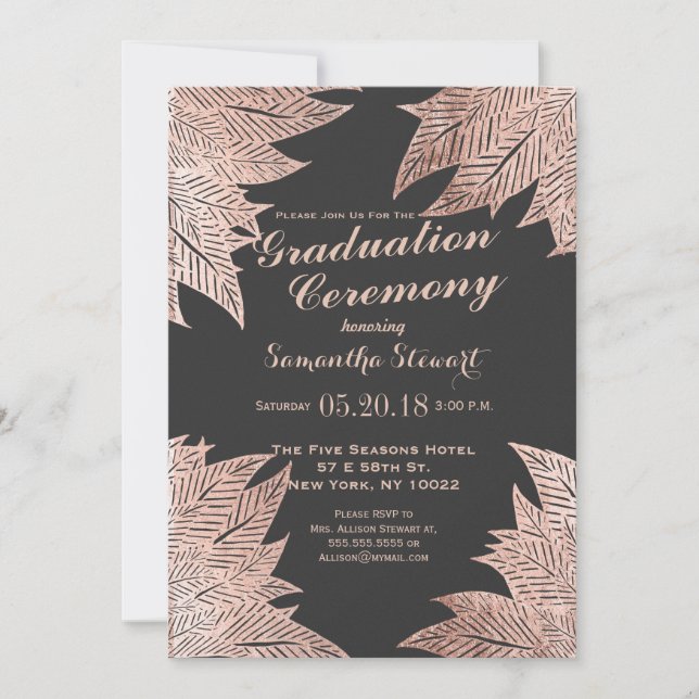 Invitación Rosa de hojas de oro en ceremonia de graduación ne (Anverso)