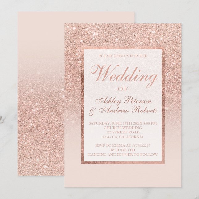Invitación Rosa de imitación purpurina de oro marco elegante  (Anverso / Reverso)