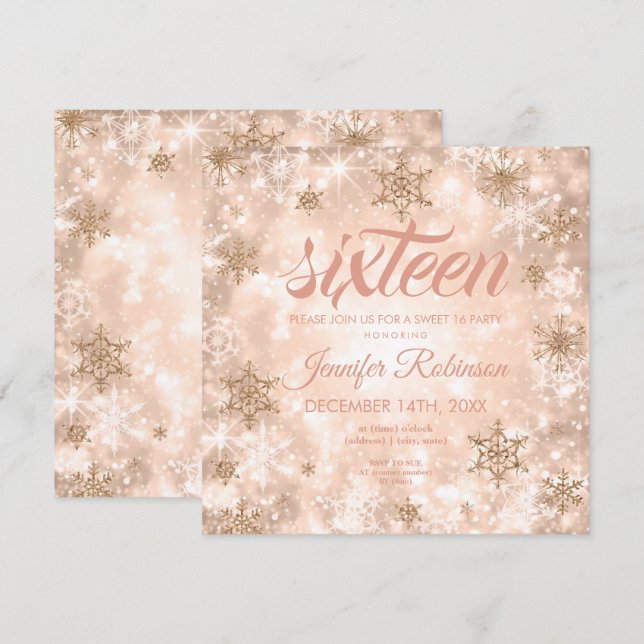 Invitación Rosa de invierno Dulce de oro 16 Purpurina (Anverso / Reverso)