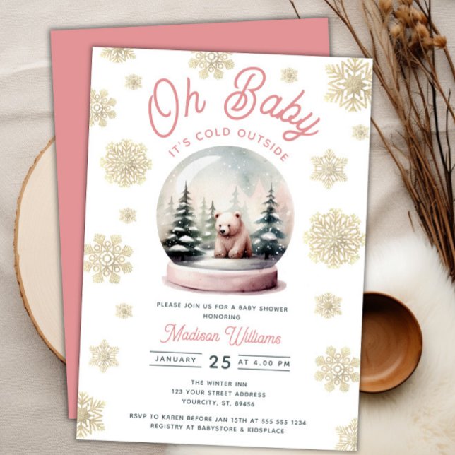 Invitación Rosa de invierno hace frío fuera del bosque Baby S (Winter Pink It's Cold Outside Forest Baby Shower Invitation)